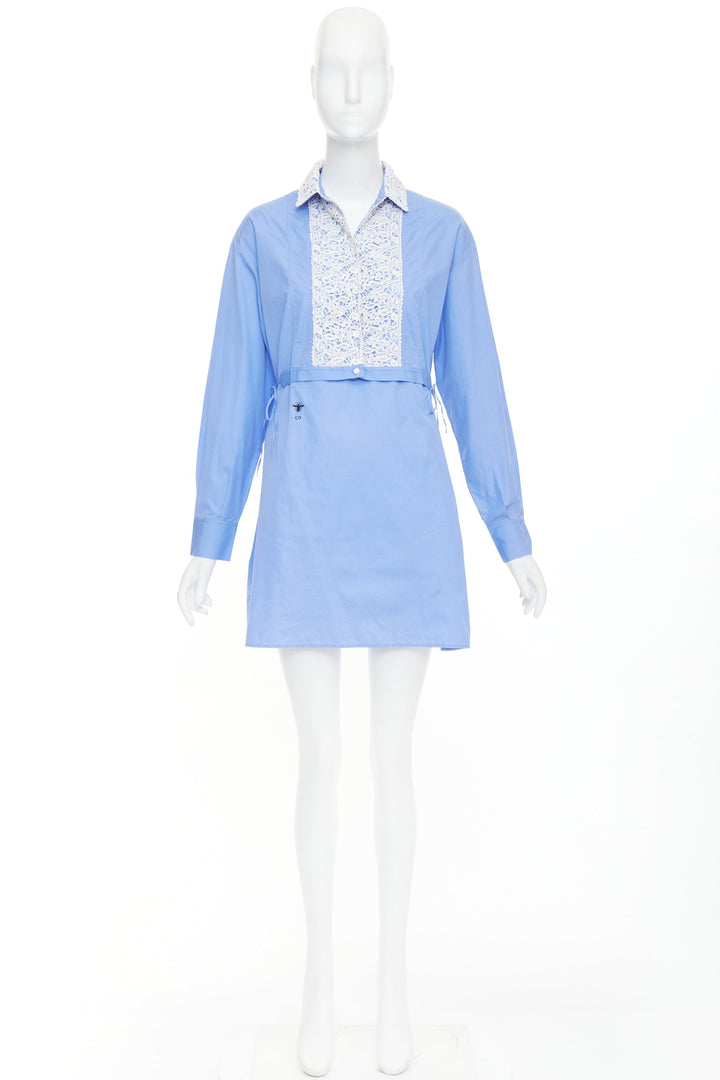 CHRISTIAN DIOR 2021 blue white lace plastron bib belted tunic shirt dress FR38 M