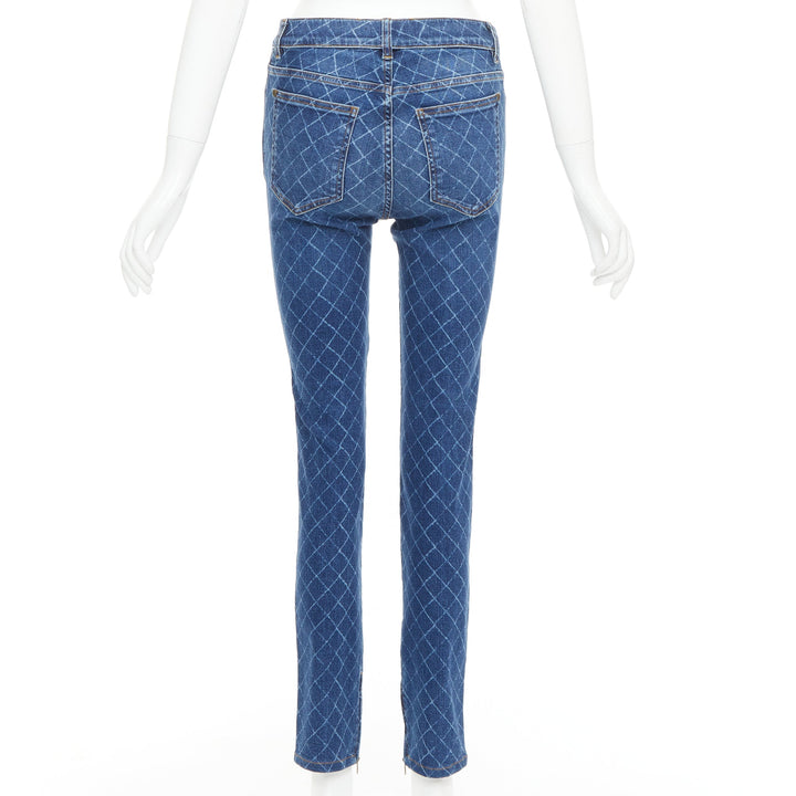 CHANEL blue washed diamond grid quilt mid waist skinny jeans FR38 M