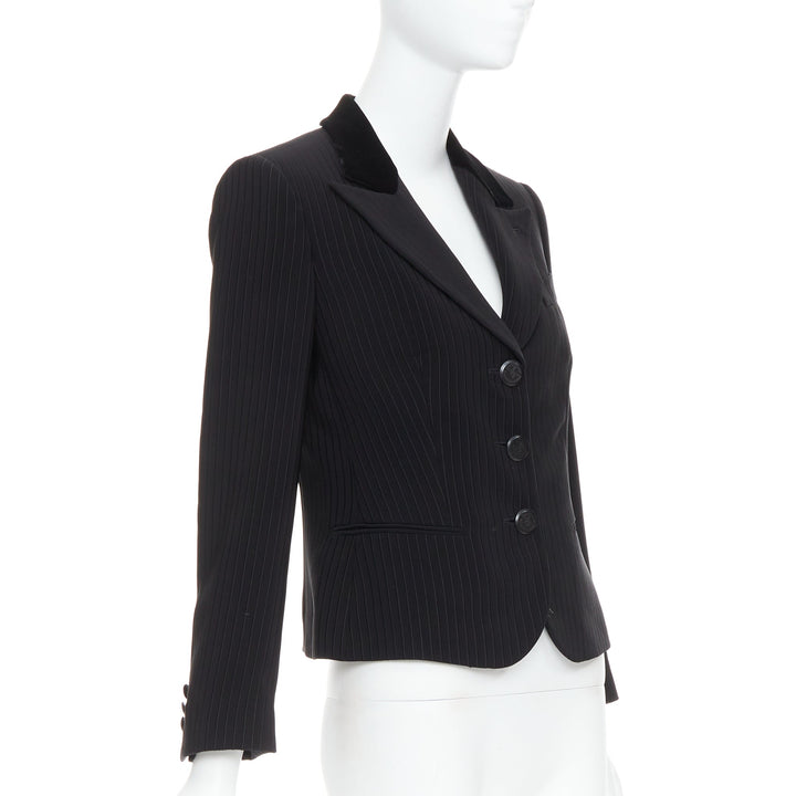 GIORGIO ARMANI black pinstripe velvet trim cropped tuxedo blazer IT40 S