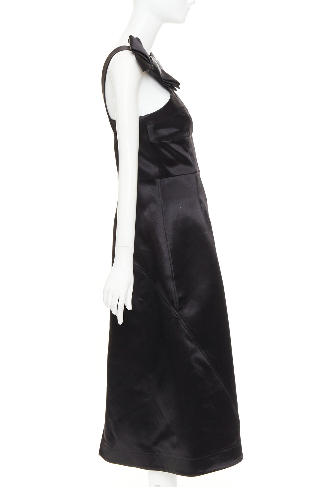JIL SANDER black shiny satin bow detail V-neck sleeveless midi dress FR38 M