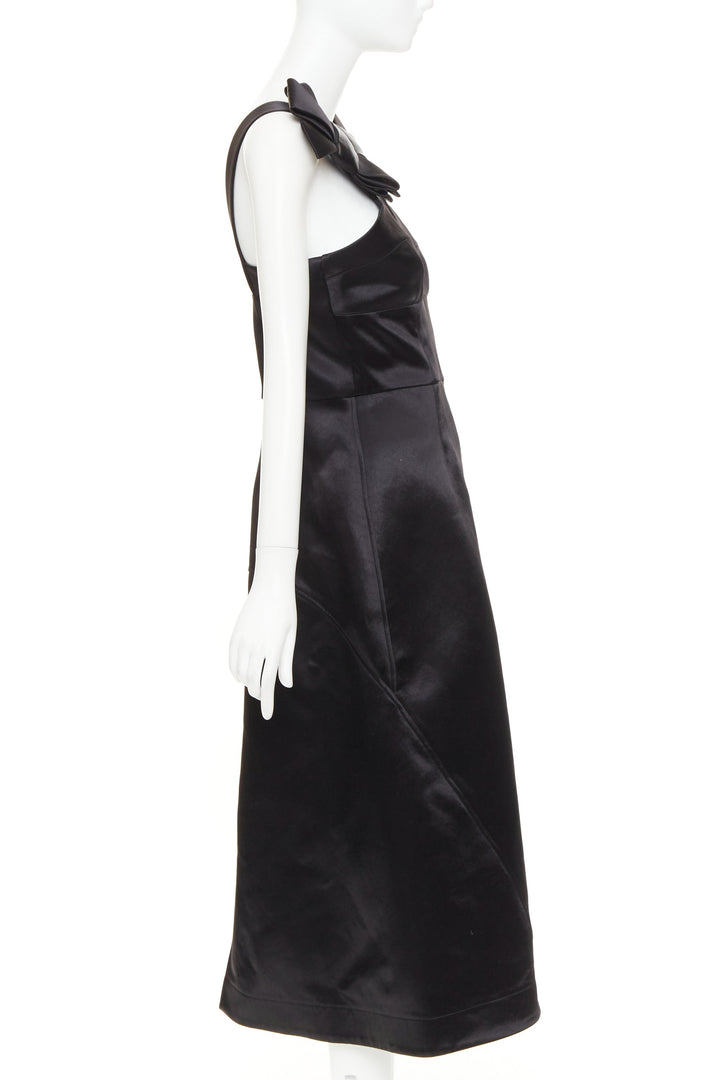JIL SANDER black shiny satin bow detail V-neck sleeveless midi dress FR38 M