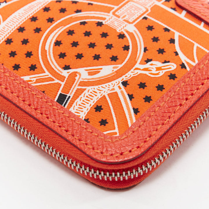 HERMES Soie Cool orange paisley print silk leather zip around wallet