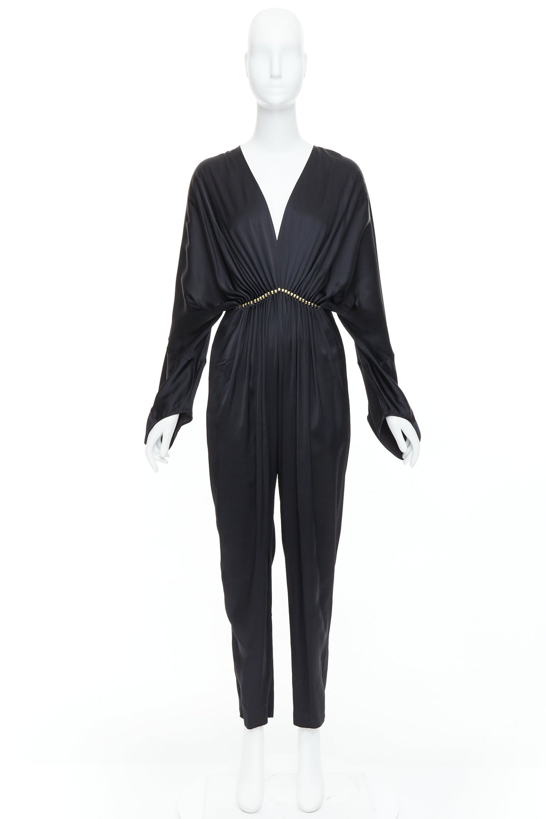 STELLA MCCARTNEY Morgan black gold pleated plunge jumpsuit IT34 XXS Alicia Keys