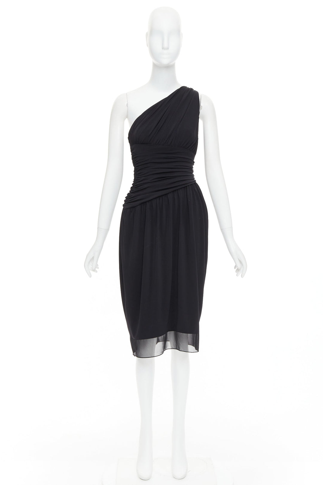 VERA WANG Vintage black one shoulder ruched waist silk lined dress US2 S