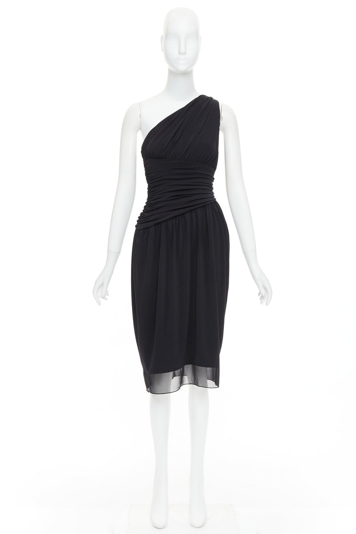 VERA WANG Vintage black one shoulder ruched waist silk lined dress US2 S