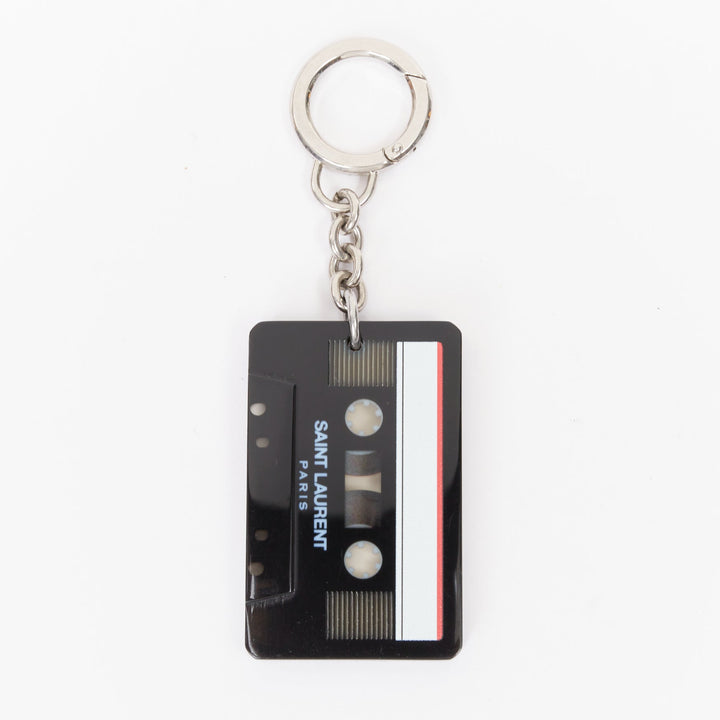 SAINT LAURENT cassette tape black plexi brass logo keyring bag charm pendant
