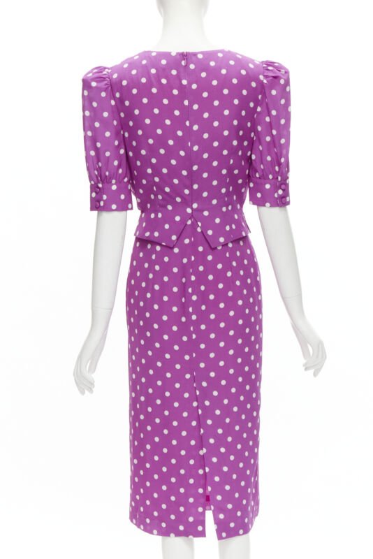 ALESSANDRA RICH purple polka dot puff sleeve crystal bow dress IT38 XS