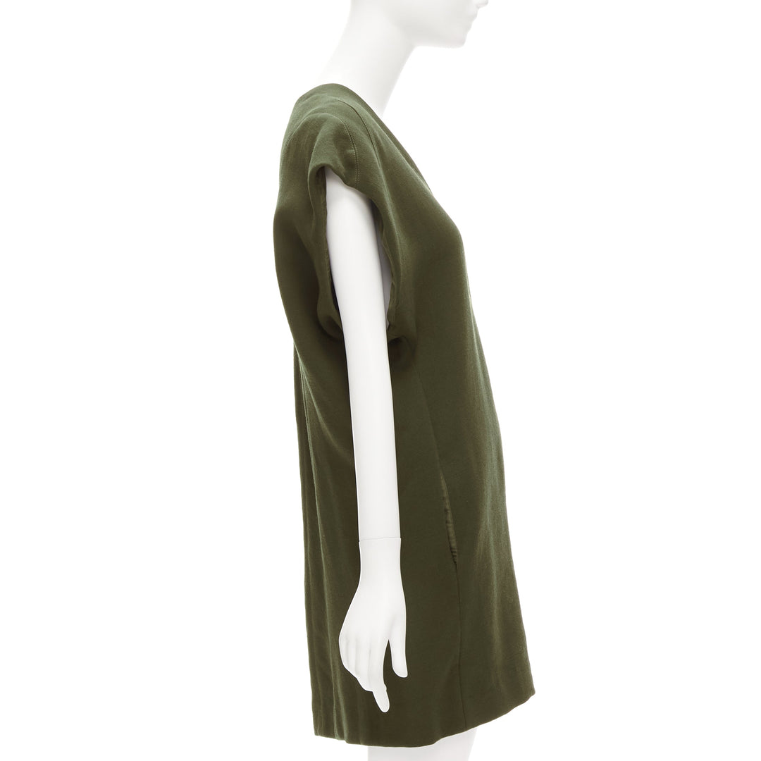MARNI 100% virgin wool olive silk lined V neck boxy mini dress IT40 S