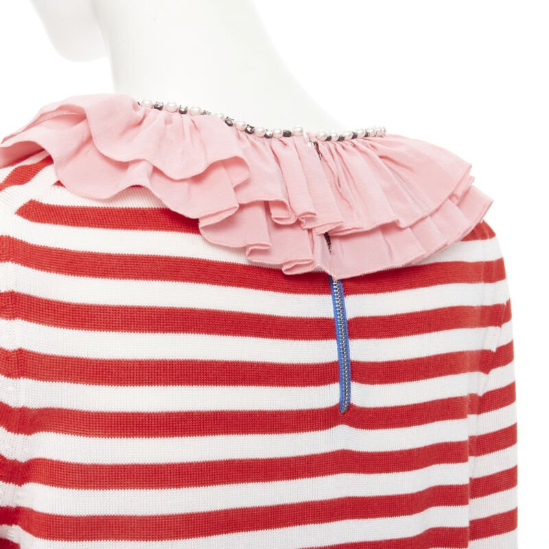 GUCCI red white stripe pink silk trimmed pearl crystal collar sweater L