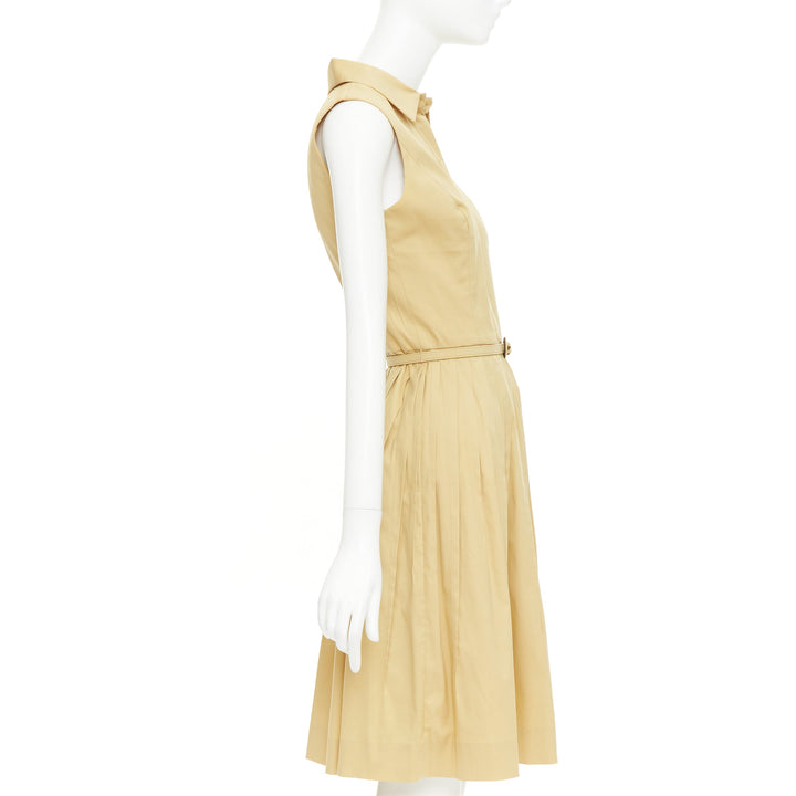 OSCAR DE LA RENTA S14 tan cotton blend sleeveless pleated shirt dress US2 S