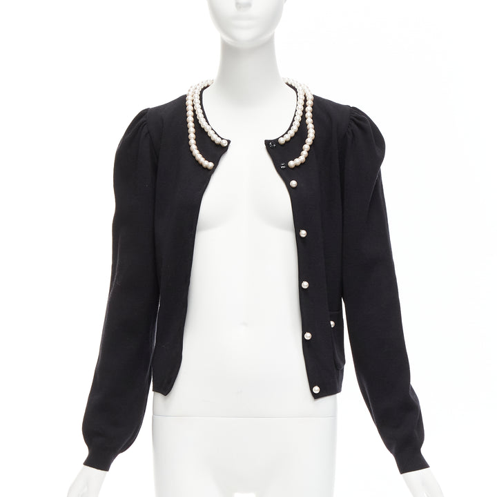 MOSCHINO pearl necklace collar black soft knit preppy cardigan IT40 S