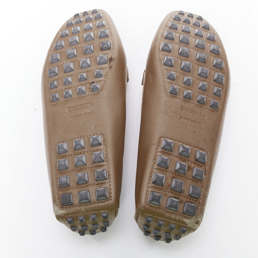 HERMES Irving stone taupe leather silver stud driving loafers EU35.5