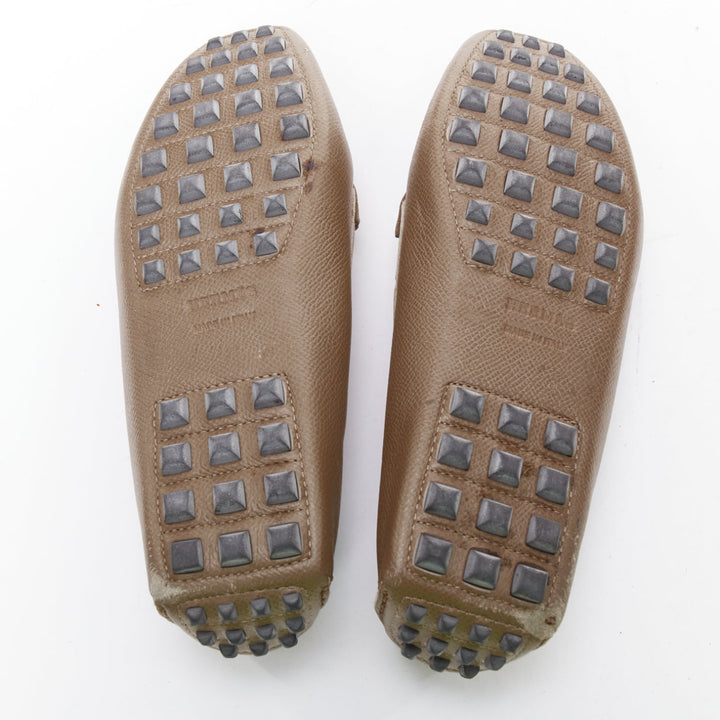 HERMES Irving stone taupe leather silver stud driving loafers EU35.5