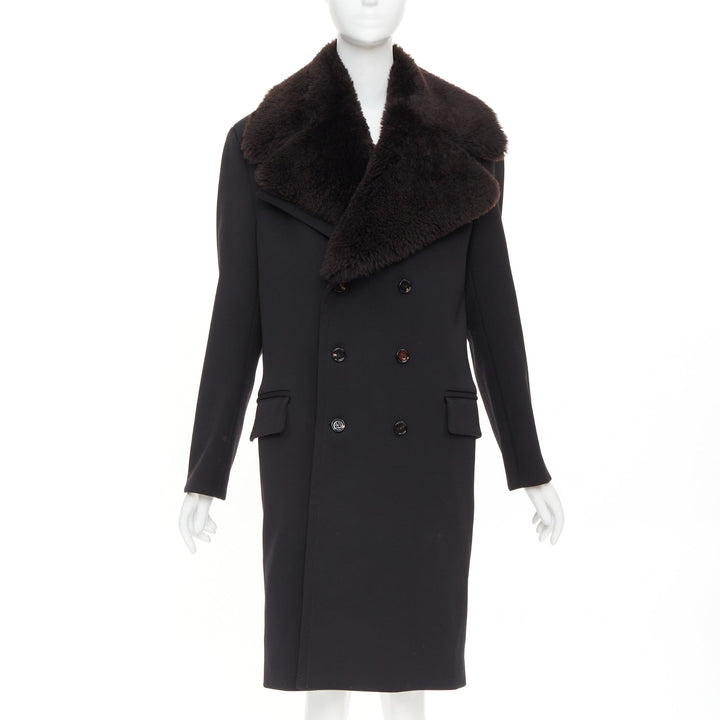 BOTTEGA VENETA Daniel Lee black wool brown lamb shearling collar  coat IT44 L