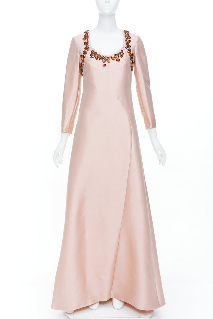 PRADA 2014 jewel embellished brown blush wool silk gown IT38 XS