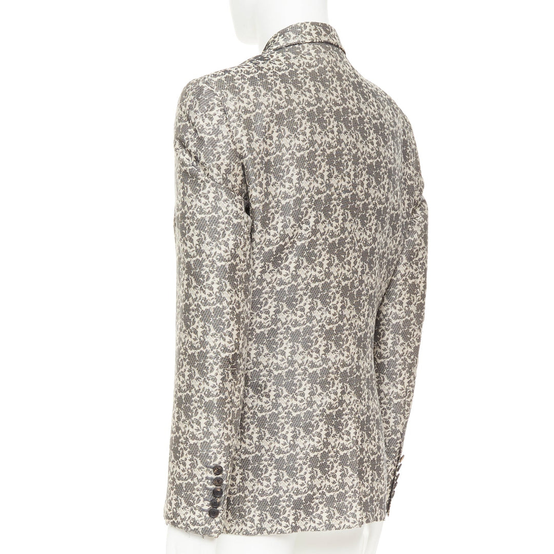 JOHN GALLIANO beige cotton blend grey floral jacquard tapestry blazer EU50 L