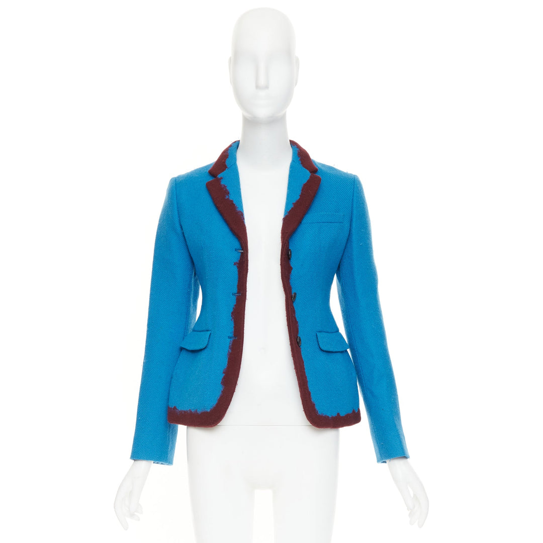 PRADA 2007 Runway turquoise wool raw edge burgundy felt trim blazer IT38 XS