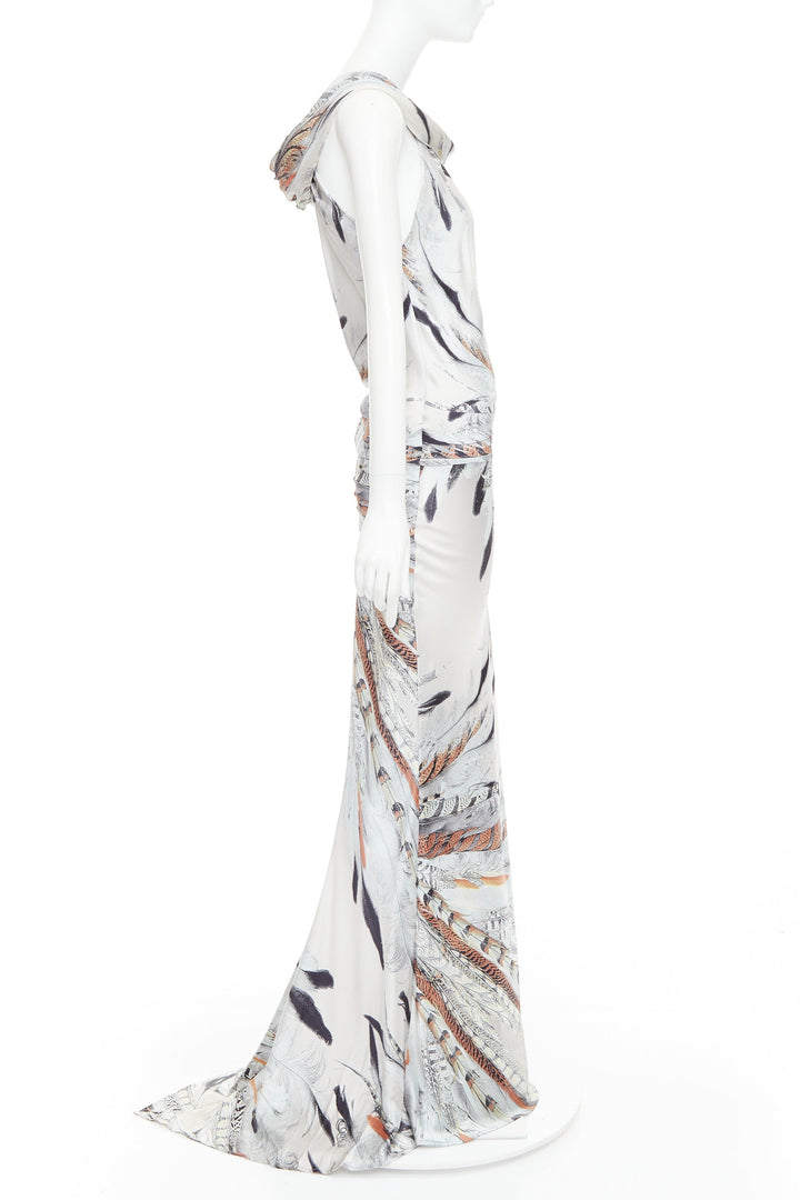 ROBERTO CAVALLI Vintage silk steel grey brown feather print drape gown dress XS