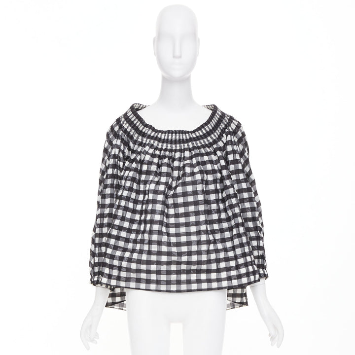 ALAIA black white checked gingham smocked neck asymmetric loose top FR36 S