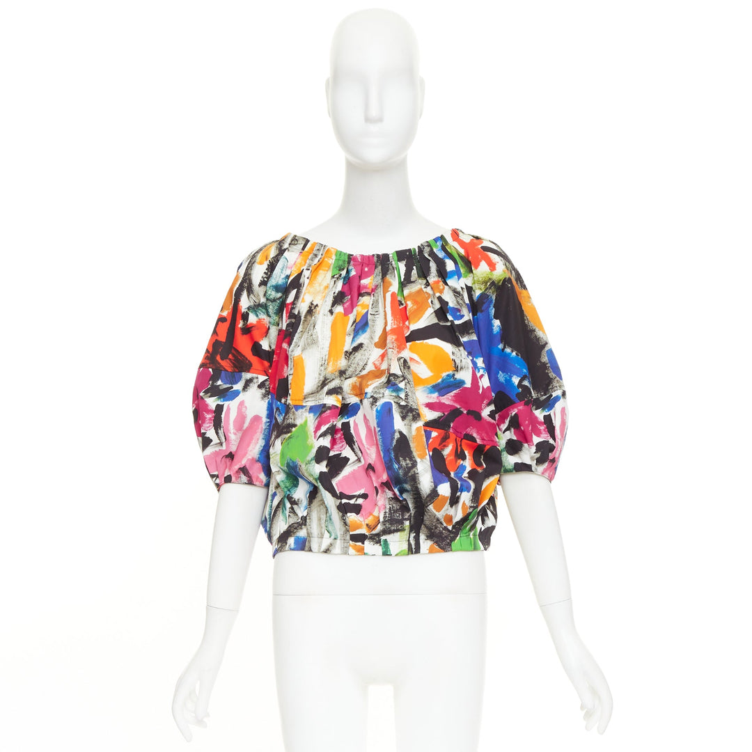 MARNI 2020 multicolored cotton abstract brushstroke print puff sleeve top IT40 S