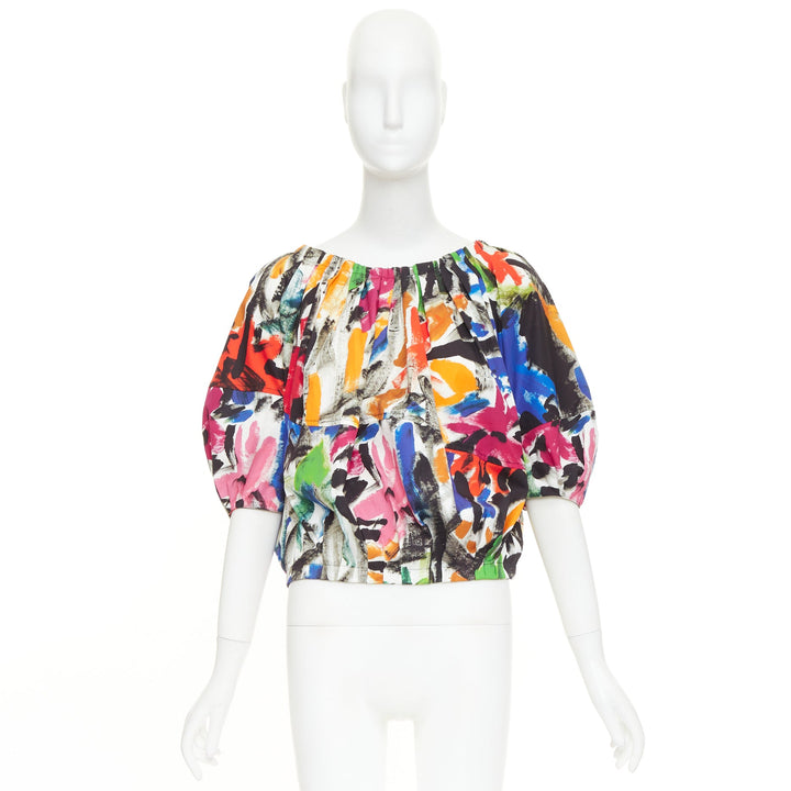MARNI 2020 multicolored cotton abstract brushstroke print puff sleeve top IT40 S