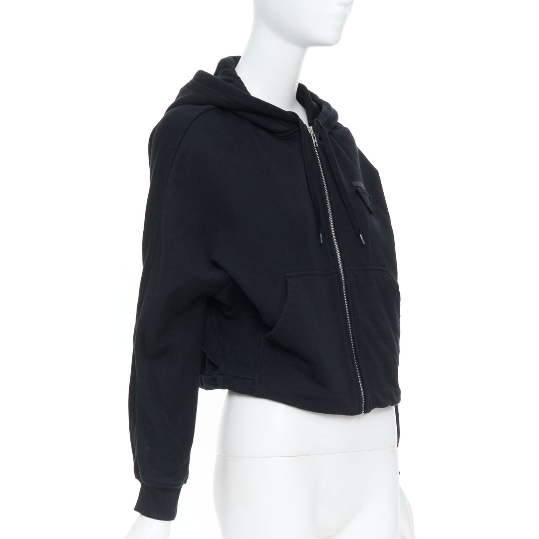 PRADA 2021 tonal black cotton knit triangle logo zip up cropped hoodie jacket S
