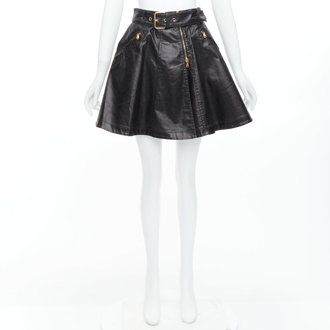 MOSCHINO black coated cotton gold hardware biker skater skirt  IT38 XS