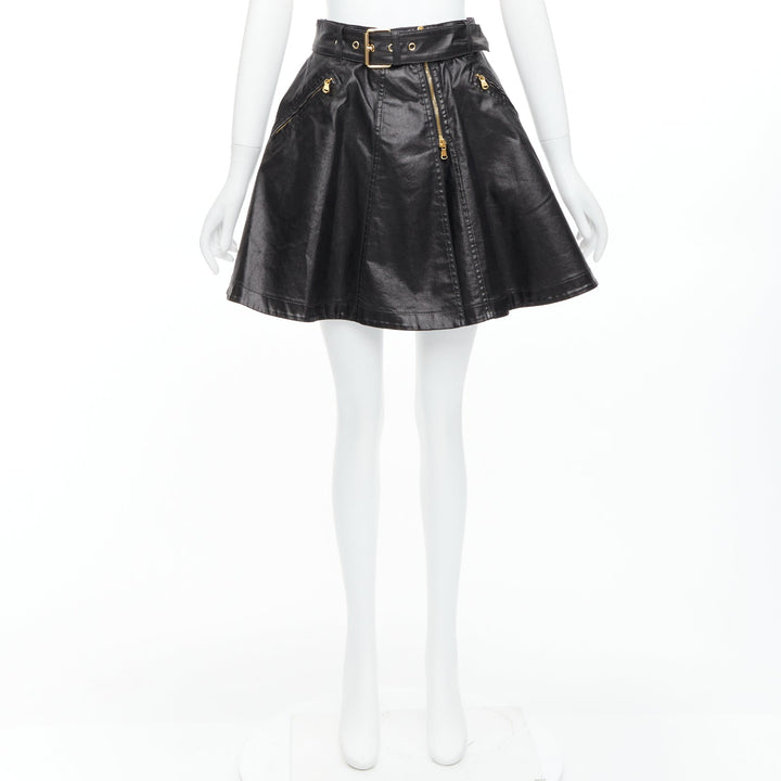 MOSCHINO black coated cotton gold hardware biker skater skirt  IT38 XS