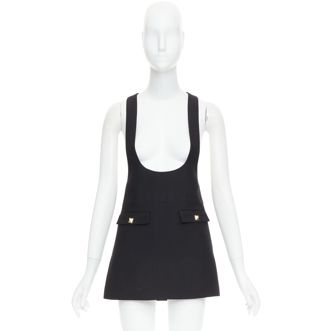 VALENTINO black wool silk Rockstud pockets scoop minid ress IT38 XS