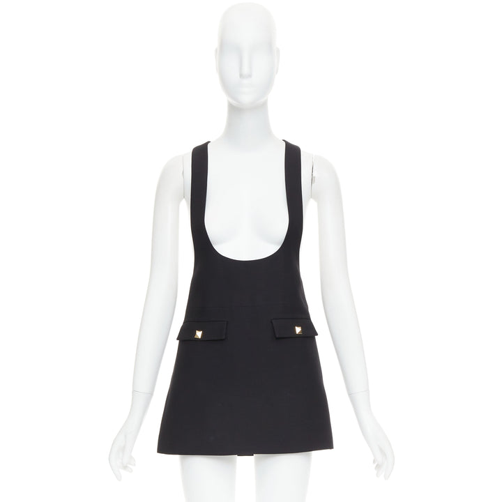 VALENTINO black wool silk Rockstud pockets scoop minid ress IT38 XS