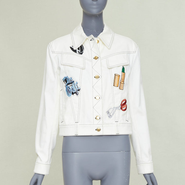 LOUIS VUITTON Virgil Abloh 2021 Runway cream denim embroidered badge coat FR36 S