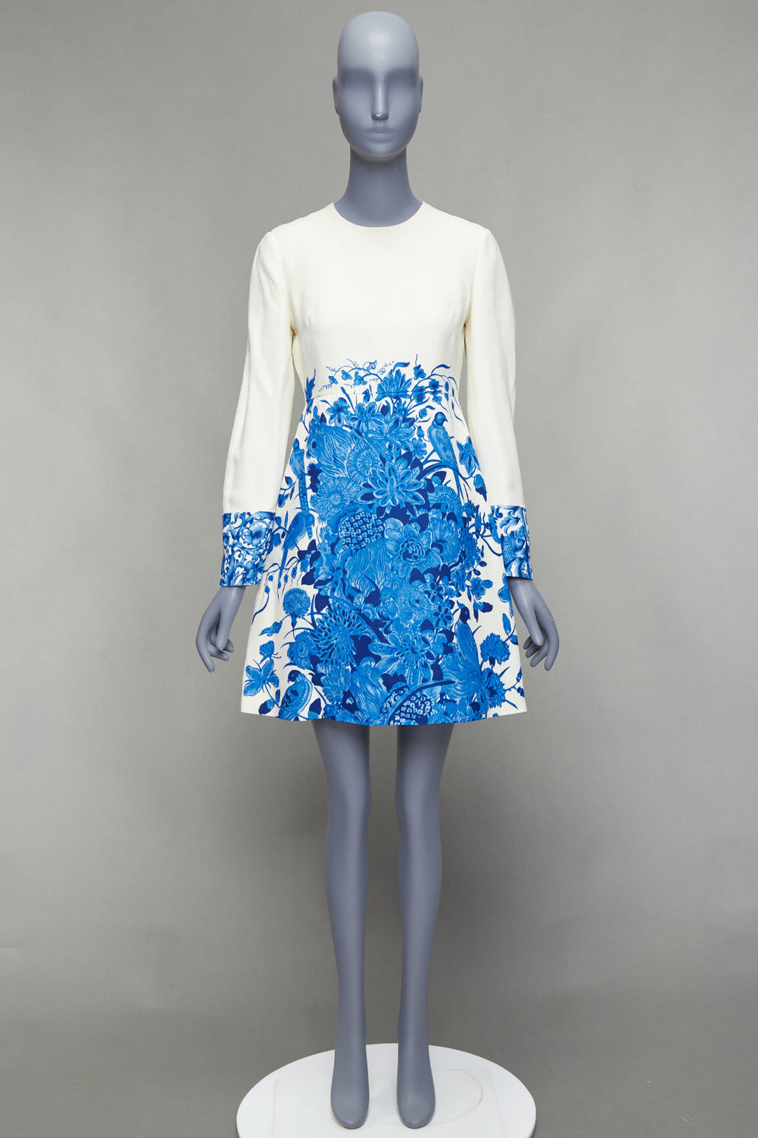 VALENTINO Bluegrace Bouquet cream blue wool crepe floral A-line dress IT40 S