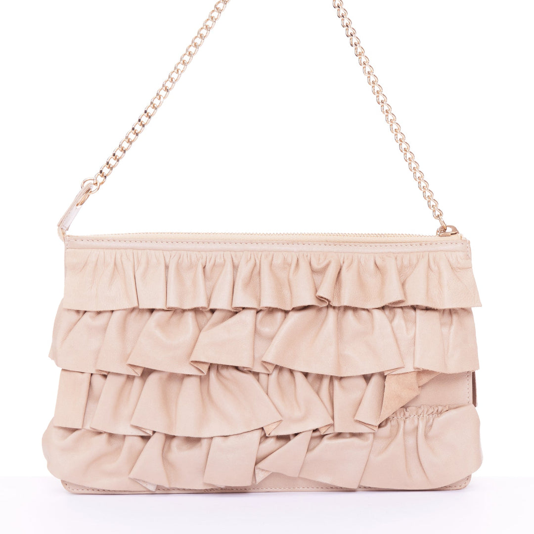 CHANEL 2002 tiered ruffle beige lambskin leather gold crossbody zip evening bag