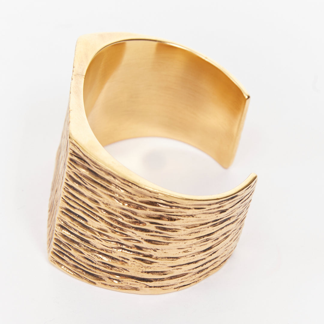 SAINT LAURENT aged gold tone bark wood textured square cuff bangle manchette