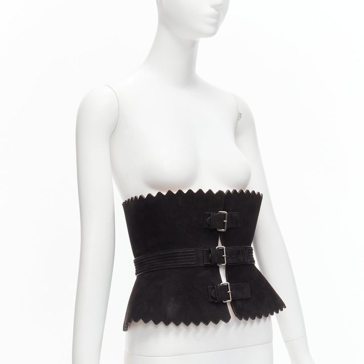 rare AZZEDINE ALAIA black suede leather wide scallop corset statement belt 70cm