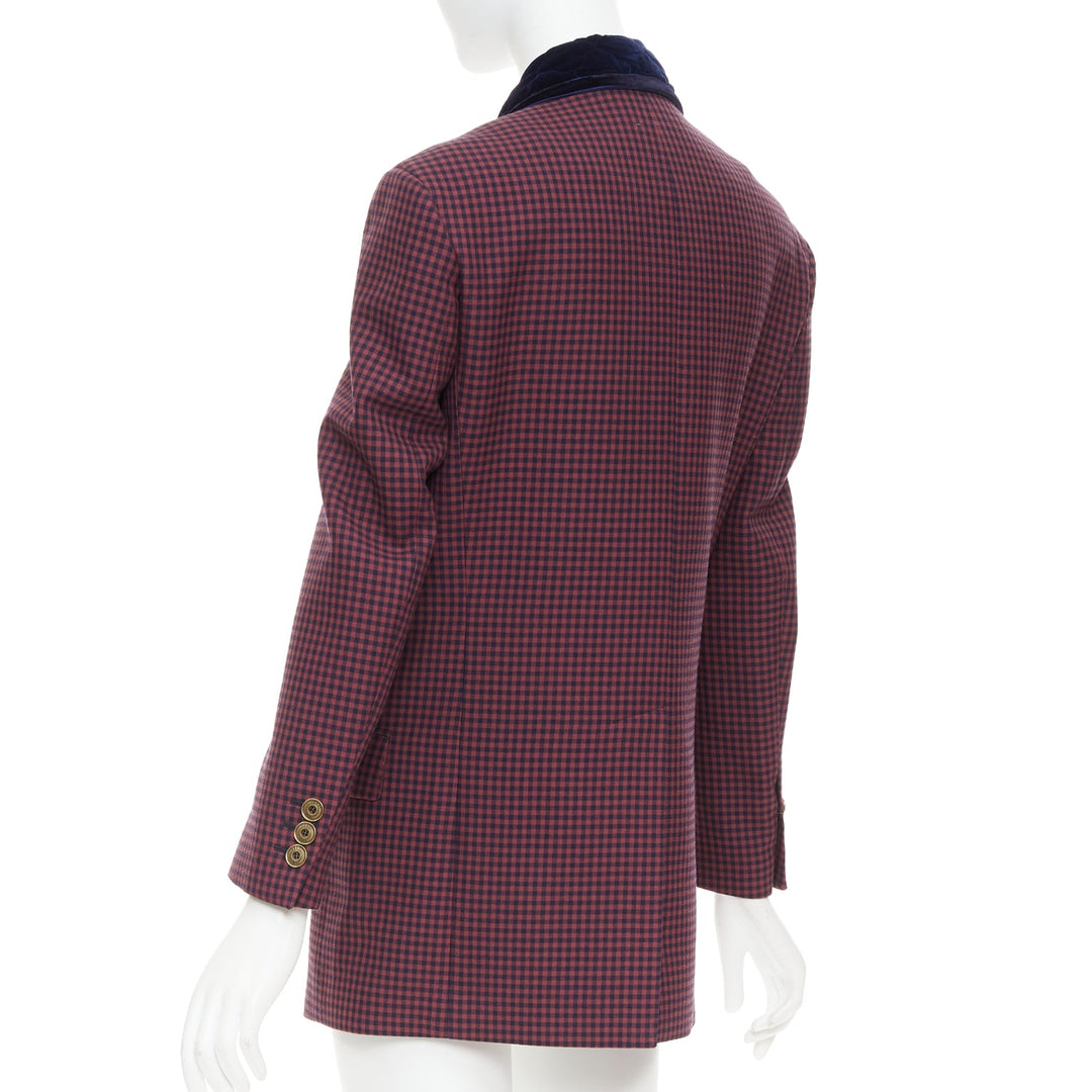 FENDI burgundy wool checkered purple velvet collar double breast blazer IT34 XS