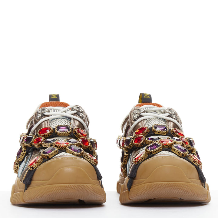 GUCCI Flashtrek pink blue metallic leather crystal harness dad sneakers EU37