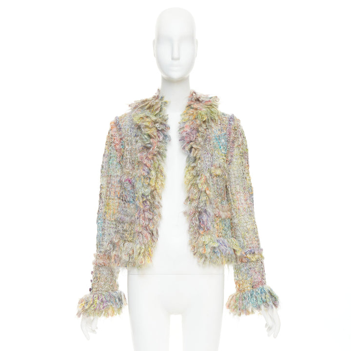 rare CHANEL 03A Runway multicolor fluffy mohair boucle tweed jacket FR42 XL