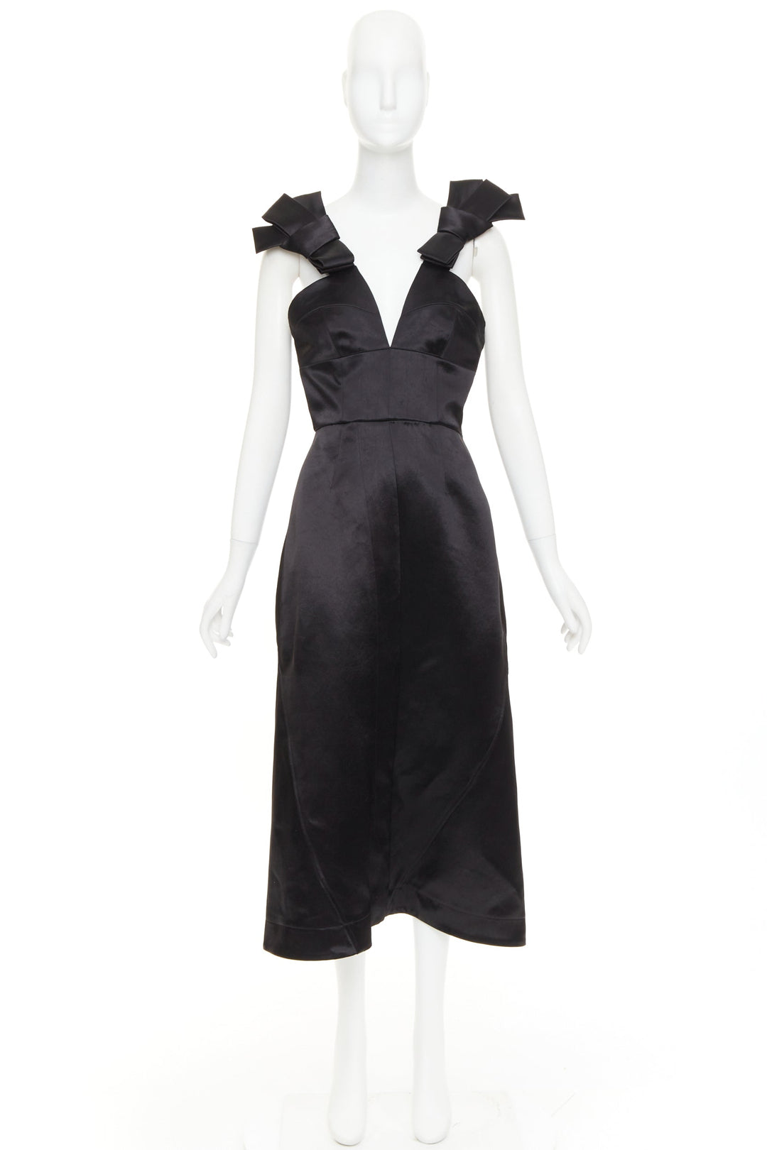 JIL SANDER black shiny satin bow detail V-neck sleeveless midi dress FR38 M