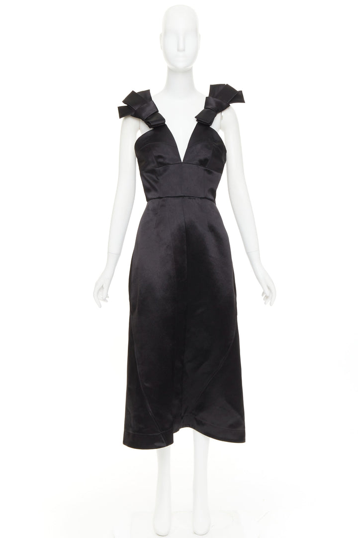 JIL SANDER black shiny satin bow detail V-neck sleeveless midi dress FR38 M