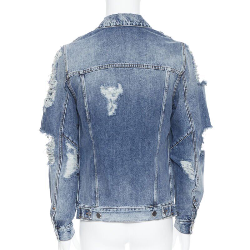 BALMAIN blue washed heavy distressed holey casual cotton denim jacket S