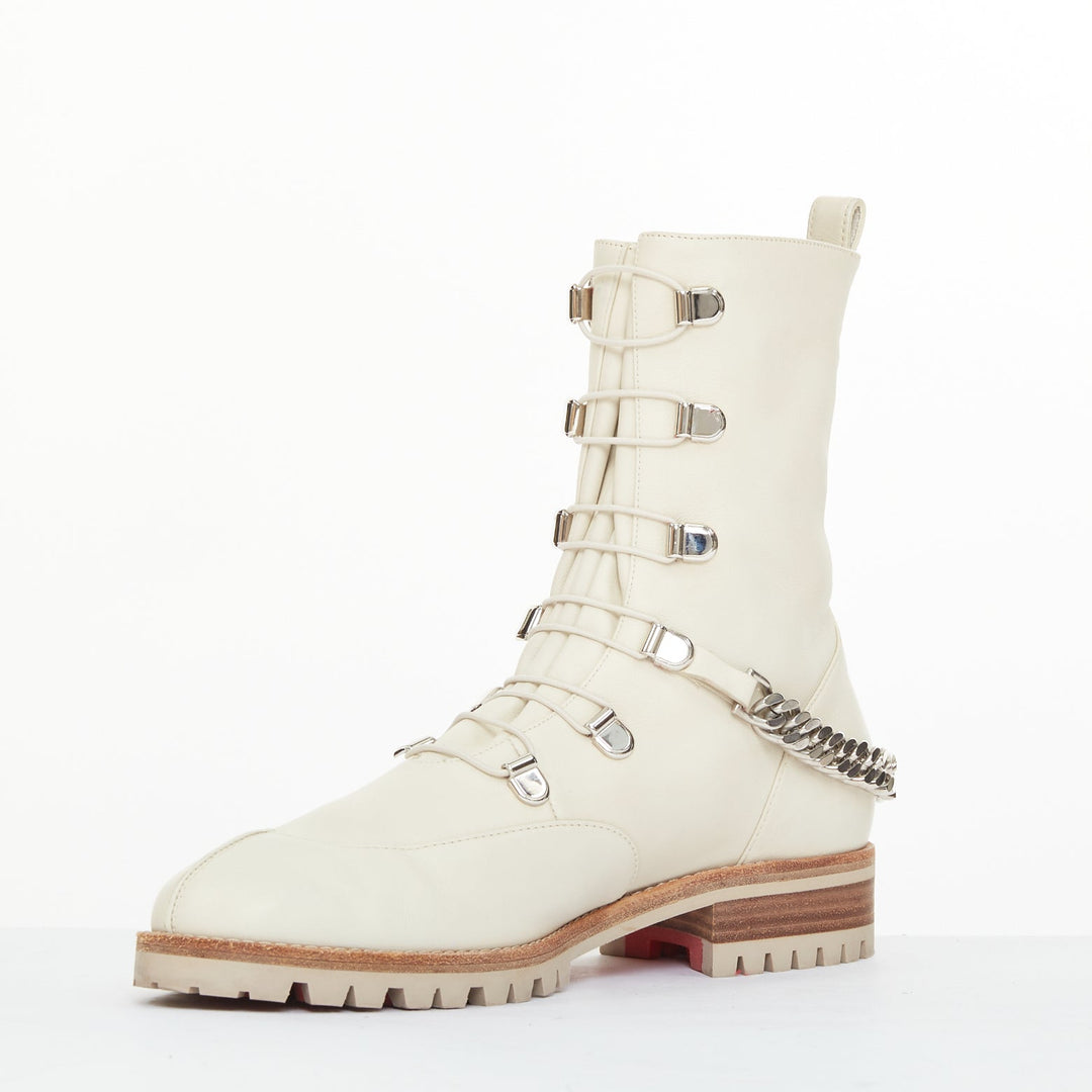 CHRISTIAN LOUBOUTIN Horse Guarda beige calf leather chain combat boots EU38
