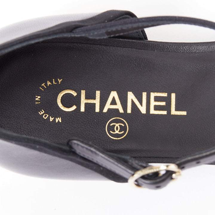 CHANEL 20C black leather grosgrain cap toe gold CC heel mary jane flats EU40