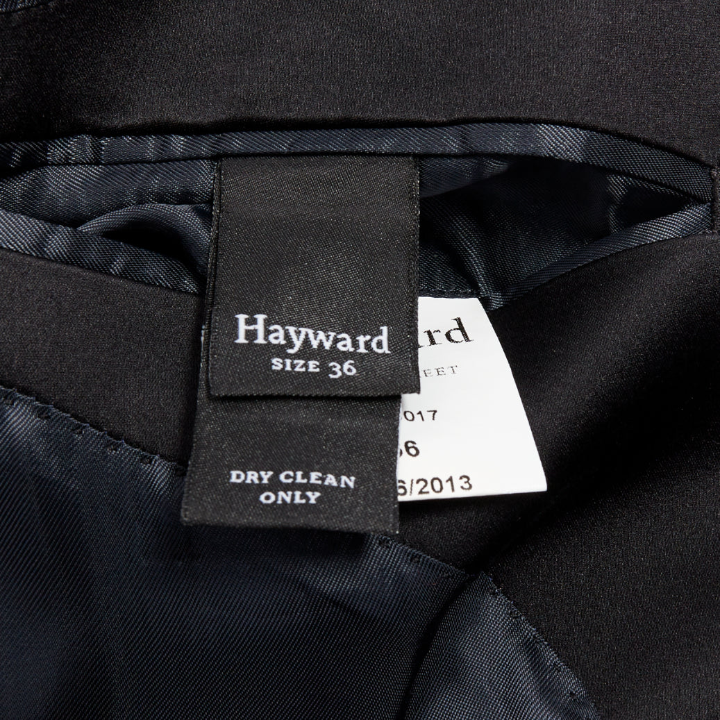 HAYWARD black wool mohair peak lapel double breasted tuxedo suit Sz36 XS