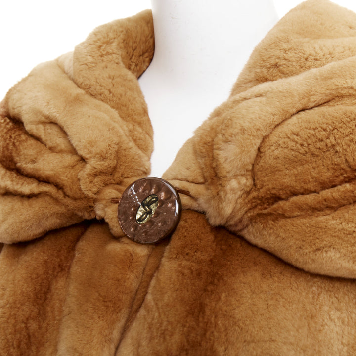NO BRAND tan brown fur rounded shawl collar statement button long coat