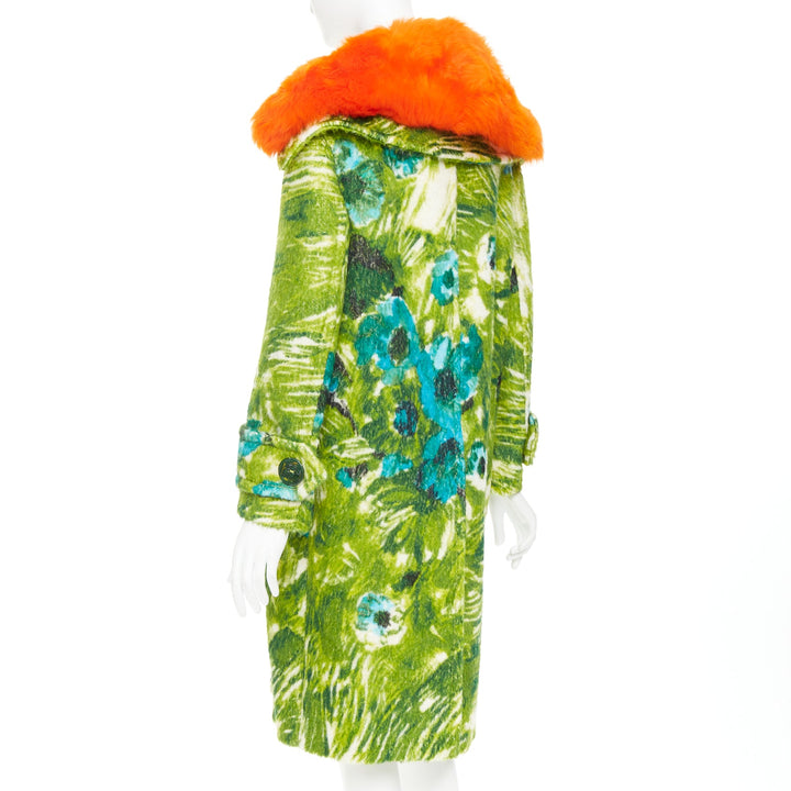 PRADA 2017 Runway alpaca wool felt green floral orange fur collar coat IT40 S