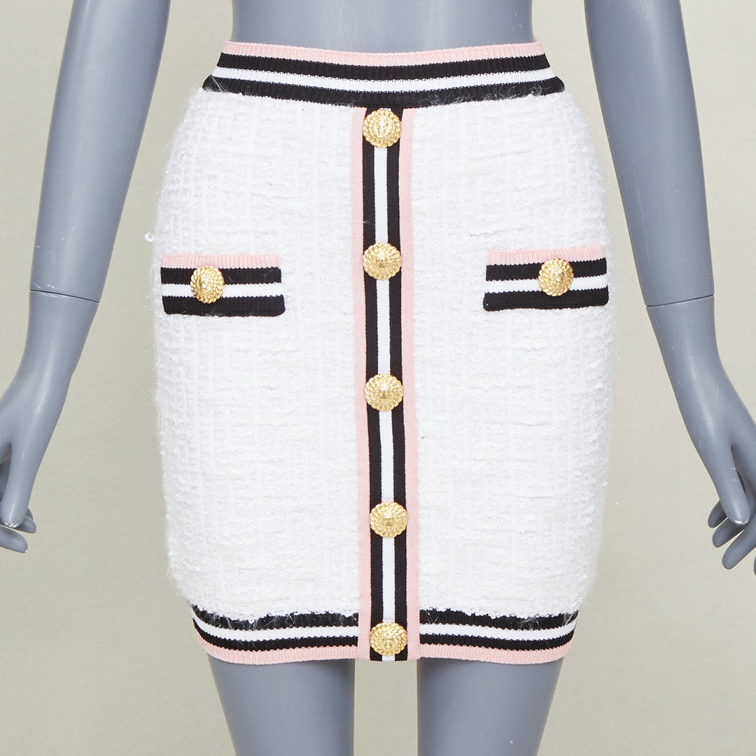 BALMAIN white knit tweed striped border lion head button mini skirt FR34 XXS