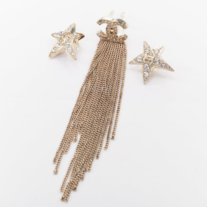 CHANEL B15 gold tone CC logo crystal pave star tassel wire clips phone charm