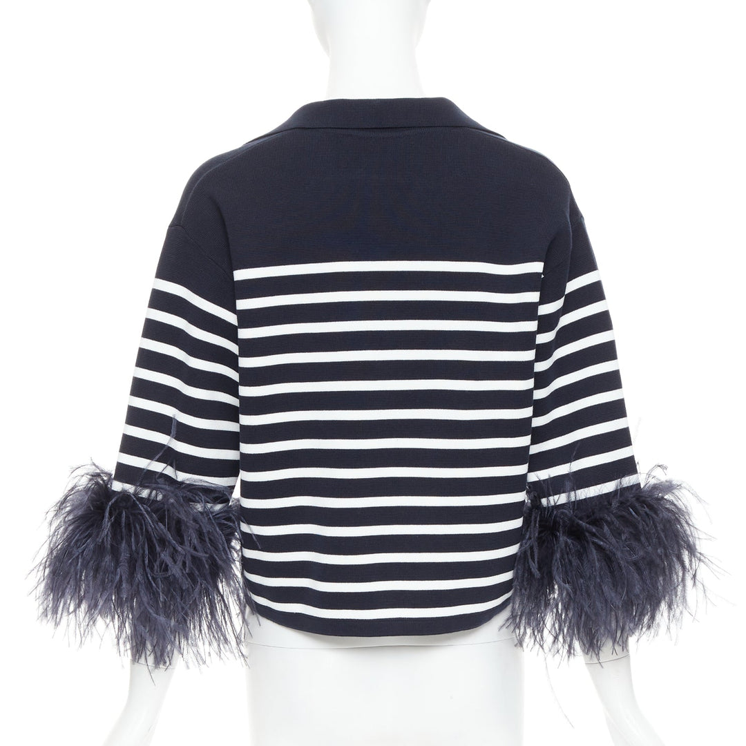 VALENTINO 2024 VGold navy white striped ostrich feather trim sleeve polo top XS