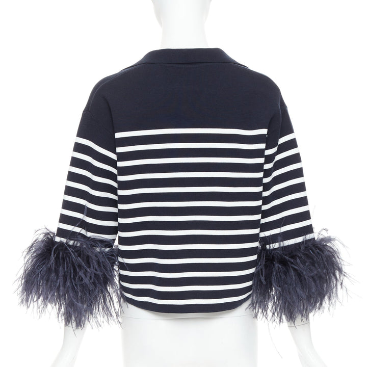 VALENTINO 2024 VGold navy white striped ostrich feather trim sleeve polo top XS